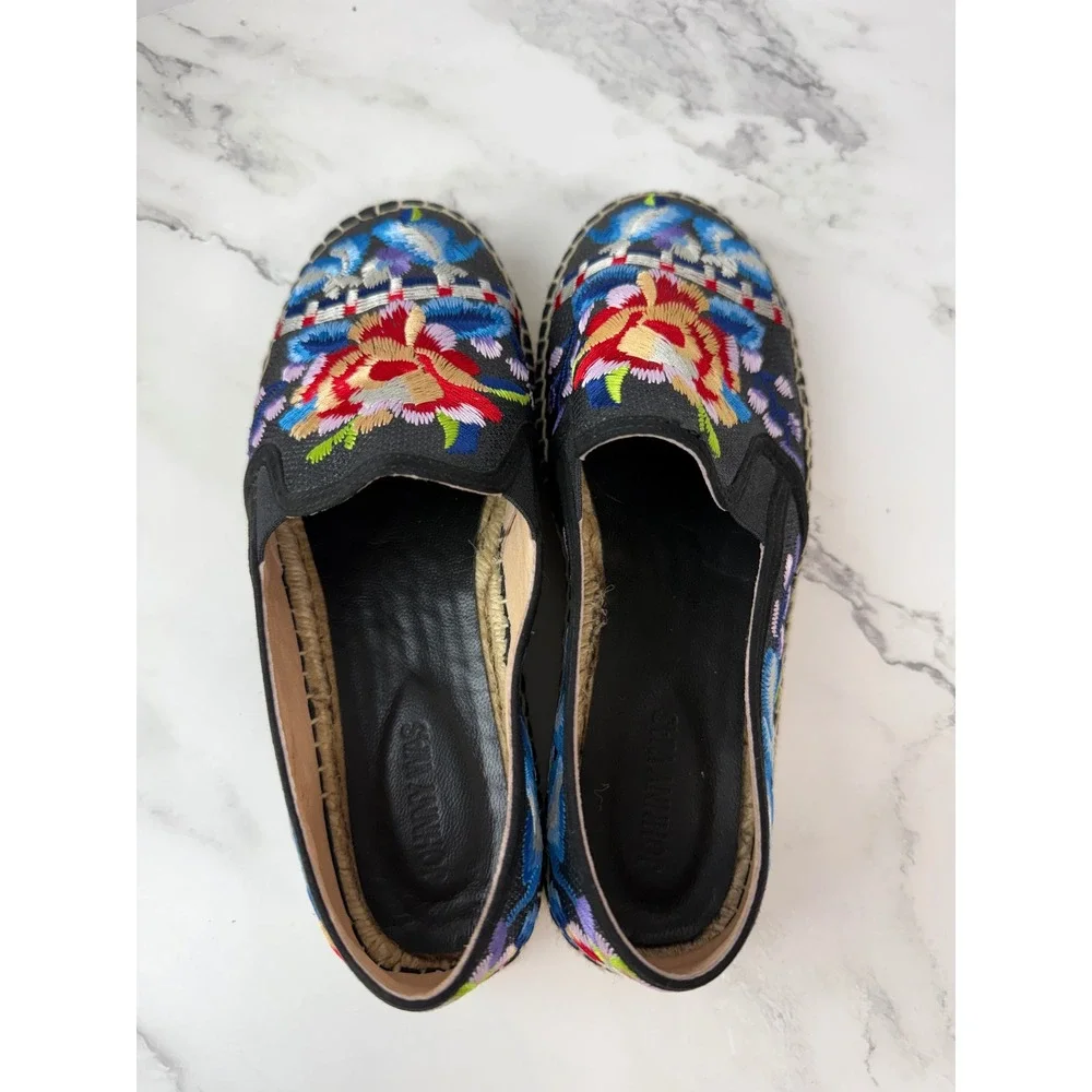 Johnny Was Cooper Embroidered Espadrilles Sz 9 Womens Black Floral